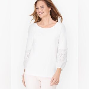 NWT Talbots Woman’s 3/4 Sleeve Cotton Eyelet Tee Shirt Blouse Top Plus 1X White